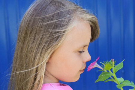 A young girl child sniffs a flower in the fresh air.の写真素材