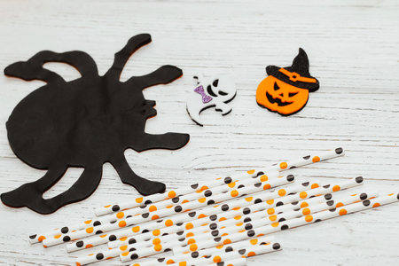 Toy Halloween Pumpkins with Felt Cocktail Straw Festive Decor Party Accessories.の写真素材