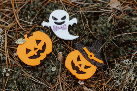 Toy ghost and pumpkin Jack made of felt in the forest, Halloween decor.の写真素材
