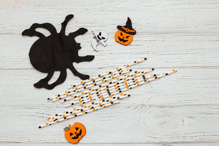 Toy Halloween Pumpkins with Felt Cocktail Straw Festive Decor Party Accessories.の写真素材