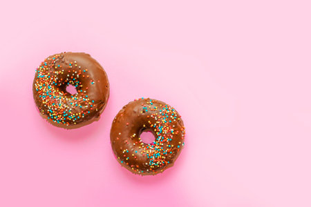 Donuts with chocolate glaze and colored sprinkles of round shape on a colored backgroundの写真素材