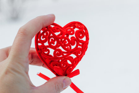 Decorative red heart for valentine's day in hands.の写真素材