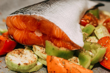 Red fish trout salmon ready for baking with vegetables.の写真素材