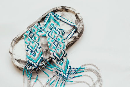 Geometric pattern on the gerdan ornament, Ukrainian beaded ornament, amulet.の写真素材
