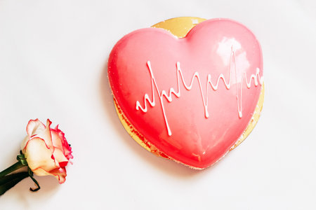 Pink tea rose with heart shaped pink mousse cake.の写真素材