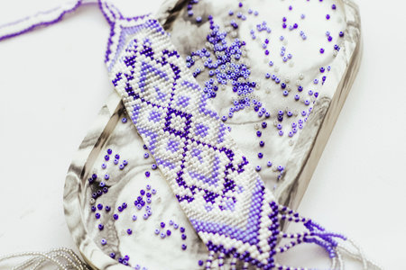 Geometric pattern on the gerdan ornament, Ukrainian beaded ornament, amulet.の写真素材