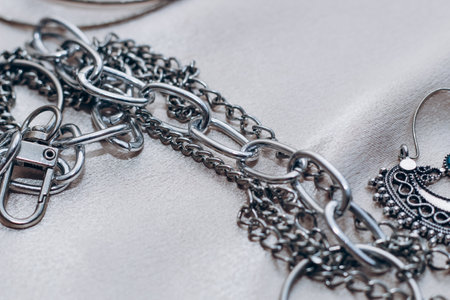 Stylish silver chain jewelry on the neck on a silk shiny background.の写真素材