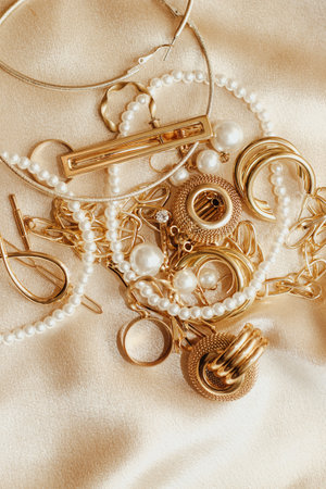Women's jewelry, gold chain, trendy jewelry on a silk background.の写真素材