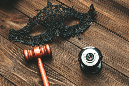 Black lace masquerade mask and webcam with judge hammer on table, legal web modeling concept.の写真素材