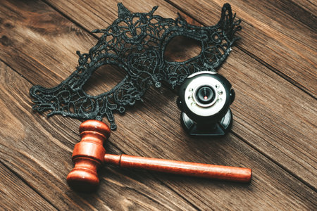 Black lace masquerade mask and webcam with judge hammer on table, legal web modeling concept.の写真素材