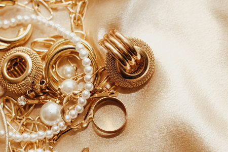 Women's jewelry, gold chain, trendy jewelry on a silk background.の写真素材