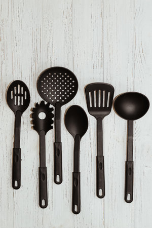 Kitchen tools plastic for multicooker on a wooden tableの写真素材