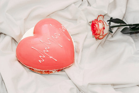 Pink tea rose with heart shaped pink mousse cake.の写真素材