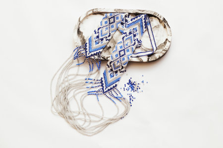 Geometric pattern on the gerdan ornament, Ukrainian beaded ornament, amulet.の写真素材