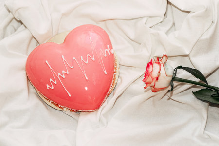 Pink tea rose with heart shaped pink mousse cake.の写真素材