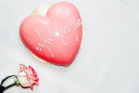Pink tea rose with heart shaped pink mousse cake.の写真素材