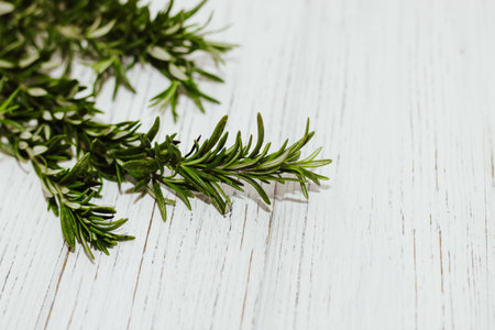 Sprigs of rosemary spices on a table with wooden boards, space for text.の写真素材