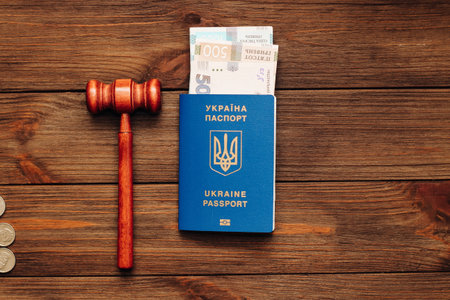 Ukrainian passport with a judge's gavel on a wooden table.の写真素材