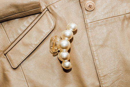 Decoration on the texture of a brown leather jacket, genuine soft leather.の写真素材