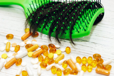 Massage light green brush with fallen hair with vitamins on a wooden background.の写真素材