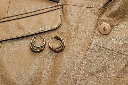 Decoration on the texture of a brown leather jacket, genuine soft leather.の写真素材