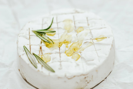 Round cheese in camembert mold with a sprig of rosemary and olive oil on the table.の写真素材