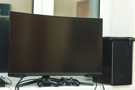 Game big computer screen with game joysticks, gamer's place.の写真素材