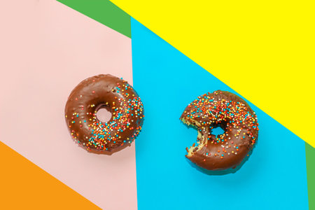 Glazed donut on a paper multi-colored background.の写真素材