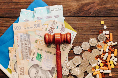 Ukrainian blue yellow flag with judge's gavel, pills and hryvnias on a wooden background.の写真素材