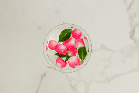 Rose petals in a martini glass, concept of beauty, style and fashion.の写真素材