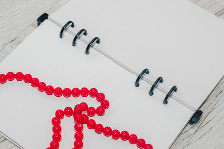 Notebook with rings, checkered sheets, transparent cover, beads, style concept.の写真素材