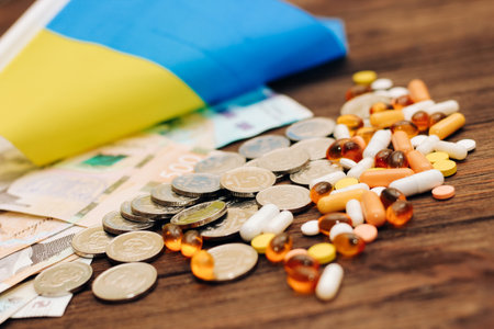 Ukrainian hryvnias with flag of Ukraine with pills and vitamins, healthcare concept.の写真素材