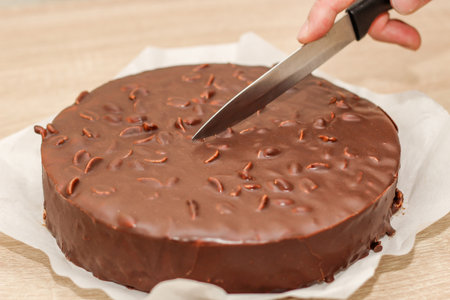 Chocolate round glazed cake with peanuts.の写真素材