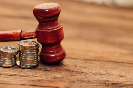 Judge's gavel on the table with Ukrainian hryvnias in coins.の写真素材