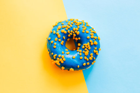 Blue-yellow glaze donut on blue-yellow paper.の写真素材
