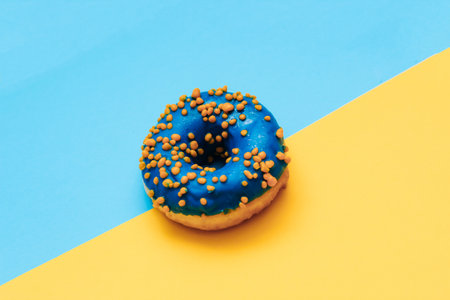 Blue-yellow glaze donut on blue-yellow paper.の写真素材