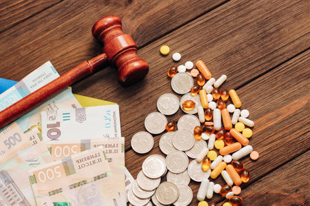 Ukrainian blue yellow flag with judge's gavel, pills and hryvnias on a wooden background.の写真素材