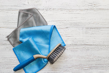 Blue and gray cloth with a special texture for cleaning glasses and dishes for household cleaning.の写真素材