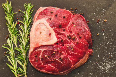 Fresh piece of meat large beef steak on the bone ossobuco with a sprig of rosemary on a black background.の写真素材