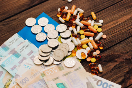 Ukrainian hryvnias with flag of Ukraine with pills and vitamins, healthcare concept.の写真素材
