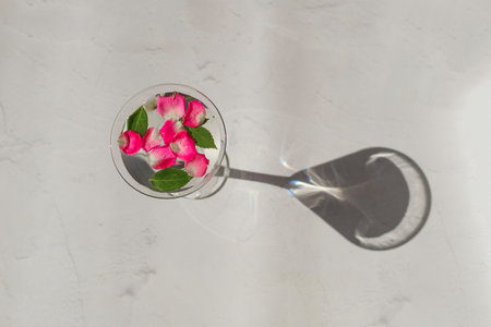 Rose petals in a martini glass, concept of beauty, style and fashion.の写真素材