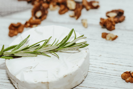 Round cheese in camembert mold with a sprig of rosemary on the table.の写真素材
