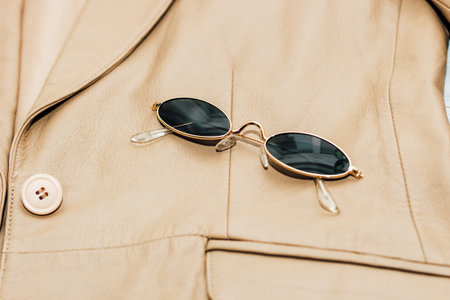 Gold-rimmed sunglasses on the texture of a brown leather jacket, genuine soft leather.の写真素材