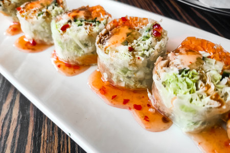 Spring rolls with tuna and cabbage close-up.の写真素材