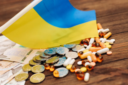 Ukrainian hryvnias with flag of Ukraine with pills and vitamins, healthcare concept.の写真素材