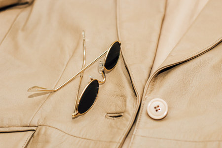 Gold-rimmed sunglasses on the texture of a brown leather jacket, genuine soft leather.の写真素材