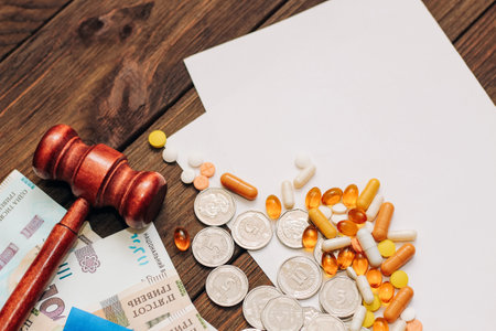 Ukrainian blue yellow flag with judge's gavel, pills and hryvnias on a wooden background.の写真素材