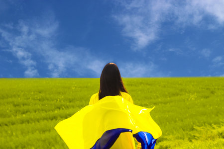Ukrainian girl with a blue-yellow flag in her hands on the background of the fieldの写真素材