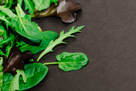 Mix of lettuce leaves different types on black table.の写真素材