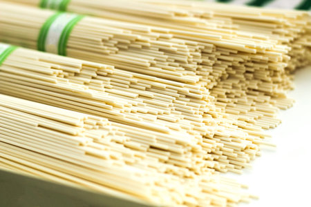 Packaged thin wheat Asian noodles close-up.